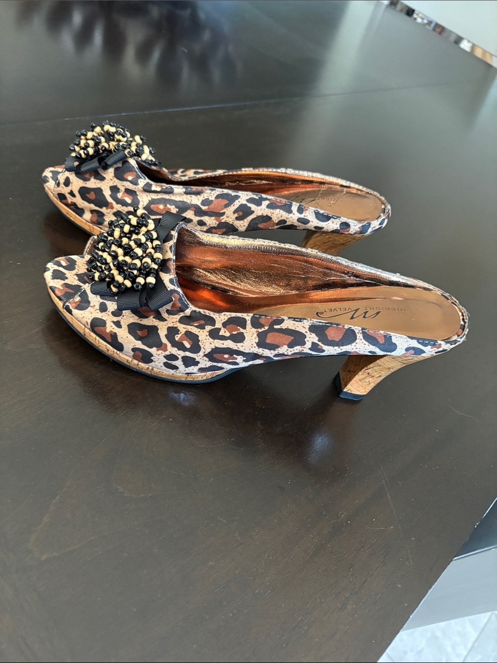 Midnight Velvet Leopard Beaded Kitten Heel Mules - Brown/Black